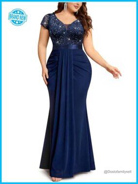 Plus Size Mermaid Sequin Lace Formal Evening Gown Double V Neck Maxi Dress